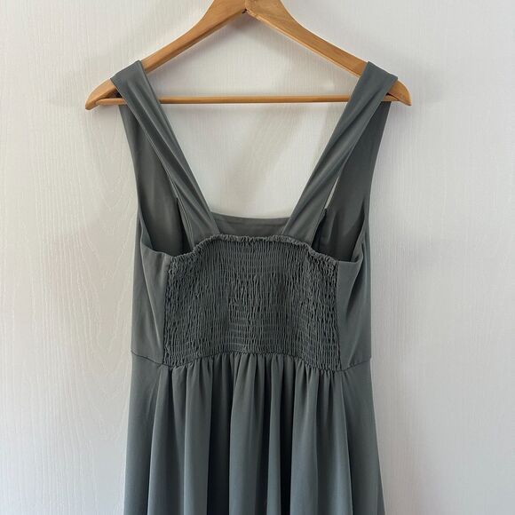 Show Me Your MuMu Claire Midi Deep Sage Green Chiffon Slit Smocked Dress Size L - Picture 8 of 9